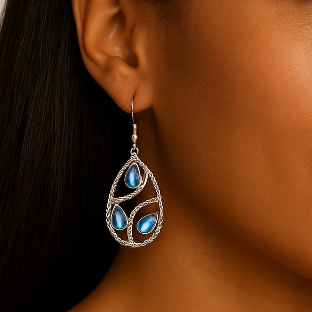 Silver Teardrop Earrings with Blue Gem Accents – Statement Jewelry